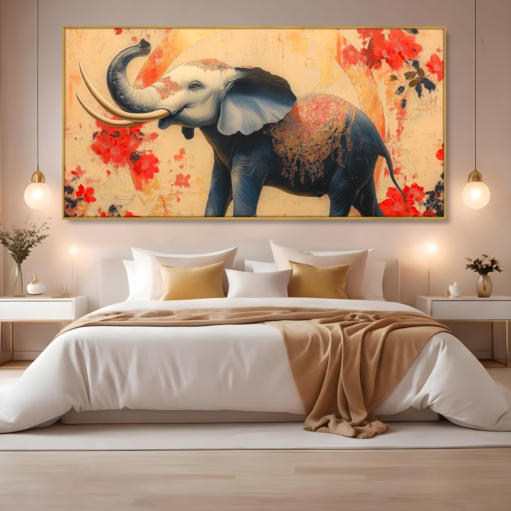 Tablou canvas cu tablou canvas cu elefant albastru, in rama de aluminiu auriu, pe perete intr-un dormitor